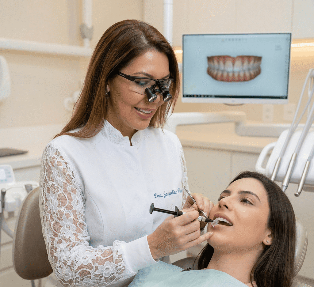 Profissional experiente aplicando faceta de resina composta em paciente no consultório odontológico.