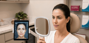 Paciente feminina em clínica especializada realizando o planejamento e avaliação facial para o tratamento com bioestimulador de colágeno.