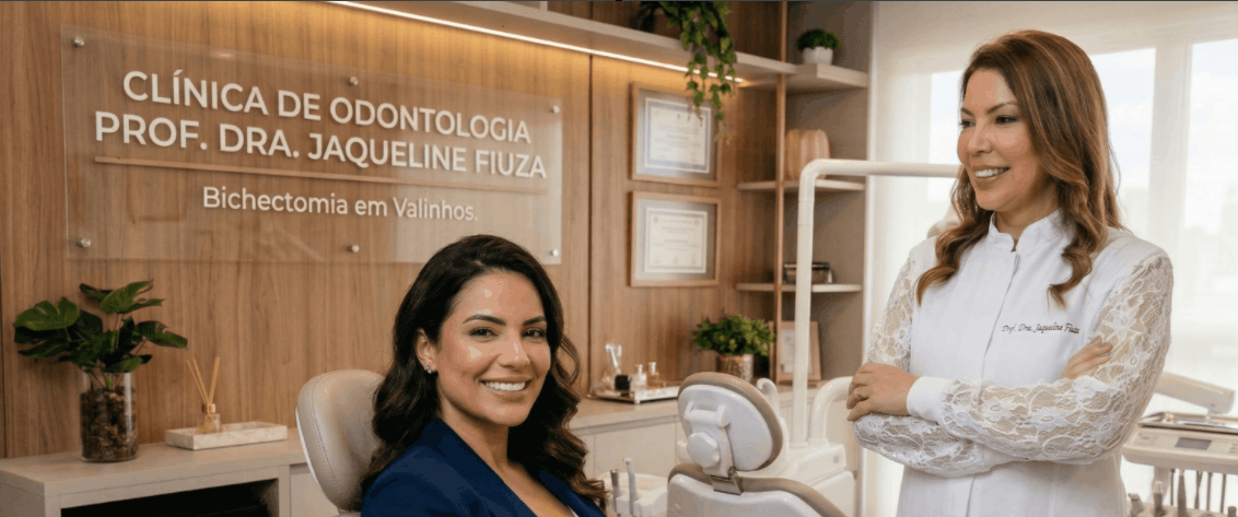Fotografia do consultório moderno da Dra. Jaqueline Fiuza em Valinhos. A Dra. Jaqueline Fiuza (em pé, com jaleco rendado) sorri com os braços cruzados. Uma paciente sorridente (sentada na cadeira odontológica) veste um blazer azul. Ao fundo, uma placa de acrílico exibe o texto visível: 'CLÍNICA DE ODONTOLOGIA PROF. DRA. JAQUELINE FIUZA. Especialista em Harmonização Orofacial. Bichectomia em Valinhos.