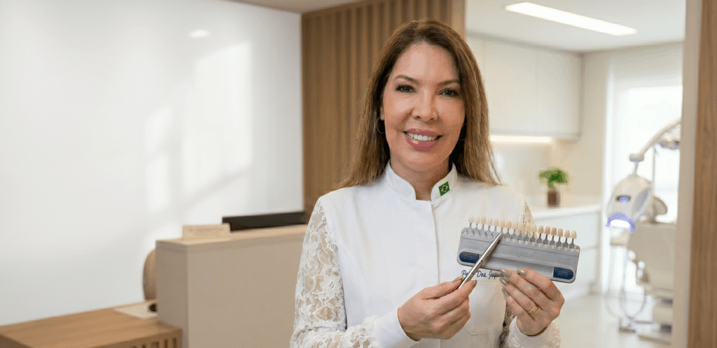 Dra. Jaqueline Fiuza sorrindo e segurando uma escala de cores de dentes para planejamento de clareamento dental em sua clínica em Valinhos.