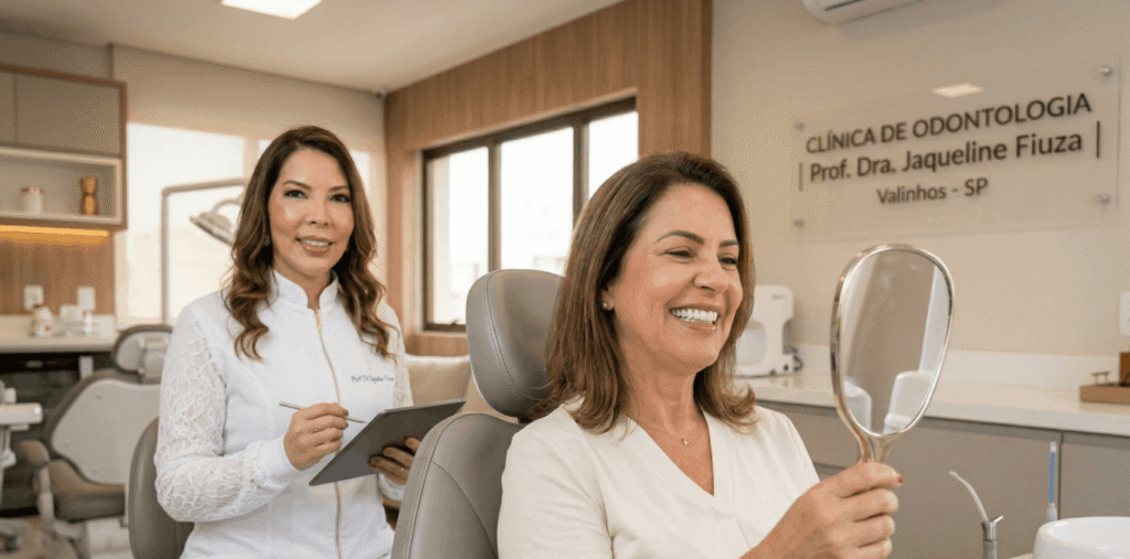Paciente sorrindo satisfeita ao avaliar o resultado do seu implante dentário em Valinhos no espelho, com a Dra. Jaqueline Fiuza acompanhando o atendimento na clínica de odontologia Fiuza