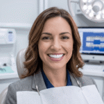 Mulher sorrindo na cadeira do consultório exibindo seus dentes brancos após finalizar o tratamento de clareamento dental em Valinhos.
