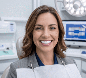 Mulher sorrindo na cadeira do consultório exibindo seus dentes brancos após finalizar o tratamento de clareamento dental em Valinhos.