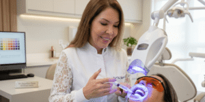 Dra. Jaqueline Fiuza aplicando gel clareador durante sessão de clareamento dental profissional no consultório em Valinhos.