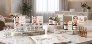 Frascos e ampolas de produtos estéticos organizados por tipo de pele para demonstrar qual o melhor bioestimulador de colágeno para cada caso.