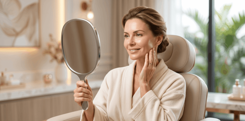 Paciente feminina sorrindo e segurando um espelho para admirar a firmeza facial após o tratamento com bioestimulador de colágeno.