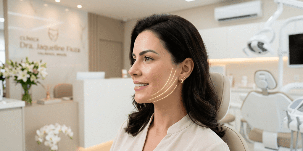 Mulher elegante sorrindo com a pele firme após o tratamento de rejuvenescimento com fios de PDO na clínica de estética da Dra. Jaqueline Fiuza em Valinhos.