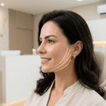 Mulher elegante sorrindo com a pele firme após o tratamento de rejuvenescimento com fios de PDO na clínica de estética da Dra. Jaqueline Fiuza em Valinhos.
