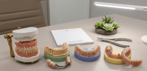 Fotografia detalhada de diferentes tipos de prótese dentária, incluindo dentaduras e pontes fixas sobre implantes, organizadas em modelos de gesso sobre uma mesa de consultório odontológico.
