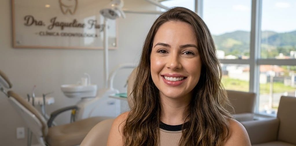 Mulher sorrindo com lábios naturais e harmoniosos após realizar preenchimento labial na clínica odontológica em Valinhos com a Dra. Jaqueline Fiuza.