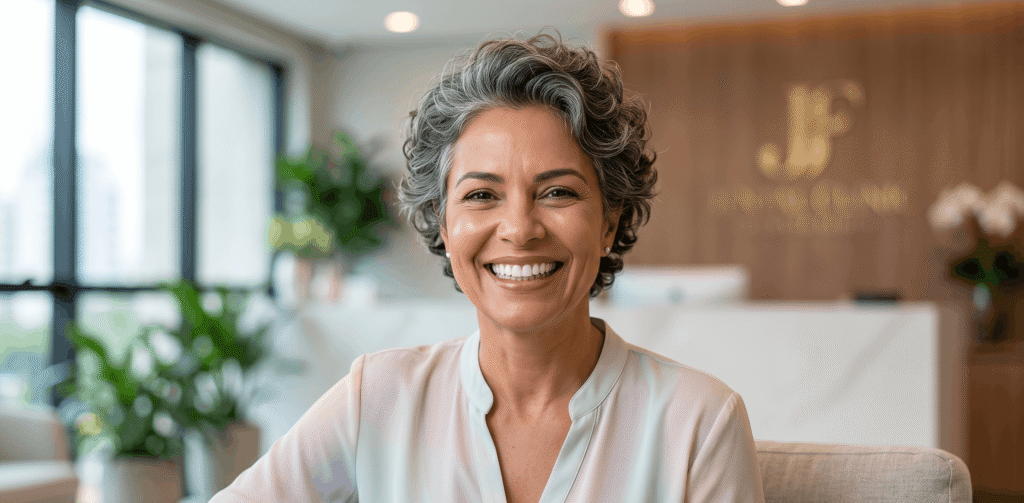 Close-up de uma mulher madura sorrindo radiante e confiante, exibindo um resultado natural de prótese dentária, em um ambiente de clínica odontológica moderna da Dra. Jaqueline Fiuza.