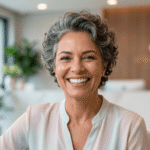 Close-up de uma mulher madura sorrindo radiante e confiante, exibindo um resultado natural de prótese dentária, em um ambiente de clínica odontológica moderna da Dra. Jaqueline Fiuza.