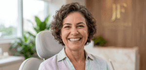 Close-up de mulher madura sorrindo feliz, exibindo o resultado natural de seu tratamento de prótese dentária na Clínica Jaqueline Fiuza.