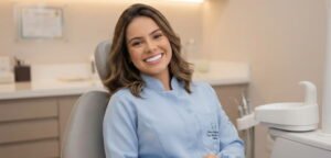 Paciente sorrindo com dentes brancos e brilhantes após sessão de clareamento dental em Valinhos, na clínica da Dra. Jaqueline Fiuza.