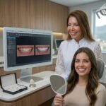 Uma paciente sorridente segura um espelho enquanto a dentista aponta para uma simulação de "ANTES" e "DEPOIS" na tela do computador, ilustrando o resultado do tratamento com lentes de contato dental em uma clínica moderna em Valinhos.