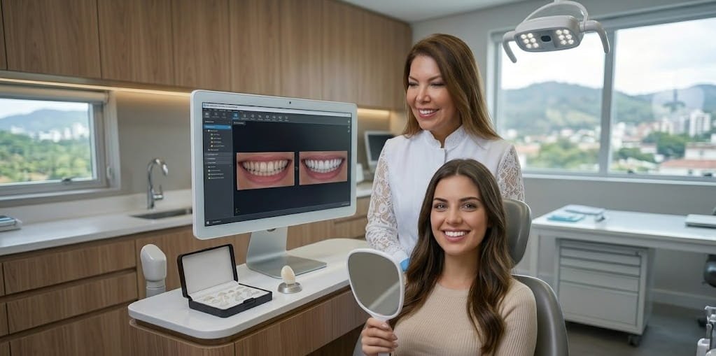 Uma paciente sorridente segura um espelho enquanto a dentista aponta para uma simulação de "ANTES" e "DEPOIS" na tela do computador, ilustrando o resultado do tratamento com lentes de contato dental em uma clínica moderna em Valinhos.