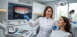 Imagem de lifestyle em clínica odontológica moderna em Valinhos. Uma especialista e uma cliente (ou duas especialistas) sorriem de forma confiante, ilustrando a transformação estética que as lentes de contato dental proporcionam.