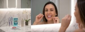 Colagem de imagens mostrando uma mulher com um sorriso perfeito (possíveis lentes de contato dentais) fazendo higiene oral e flossing, com produtos de higiene em uma bancada de mármore. O texto na imagem identifica a Dra. Jaqueline Fiuza, especialista em lente de contato dental em Valinhos.