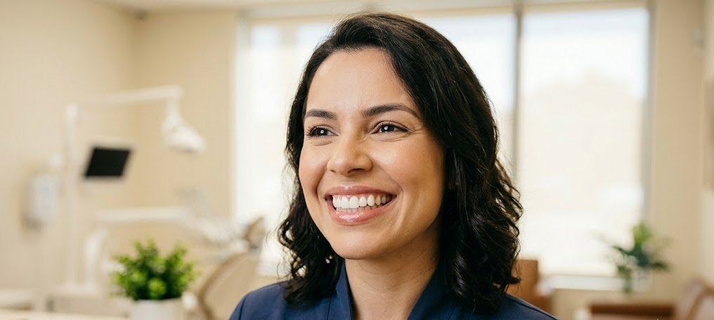 Retrato em close de uma paciente sorrindo com confiança em um consultório odontológico moderno em Valinhos, exibindo os resultados brilhantes e naturais de suas facetas de resina.