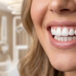 Close-up de macro de um sorriso feminino perfeito, exibindo dentes superiores e inferiores alinhados com lentes de porcelana de alta qualidade. O fundo borrado sugere uma clínica de odontologia em Valinhos, Odontologia Fiuza.