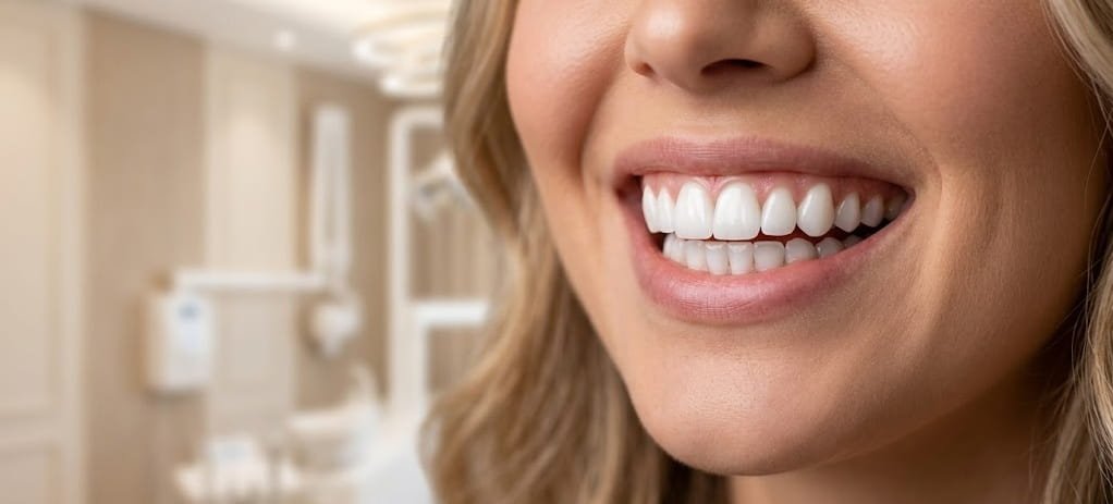 Close-up de macro de um sorriso feminino perfeito, exibindo dentes superiores e inferiores alinhados com lentes de porcelana de alta qualidade. O fundo borrado sugere uma clínica de odontologia em Valinhos, Odontologia Fiuza.
