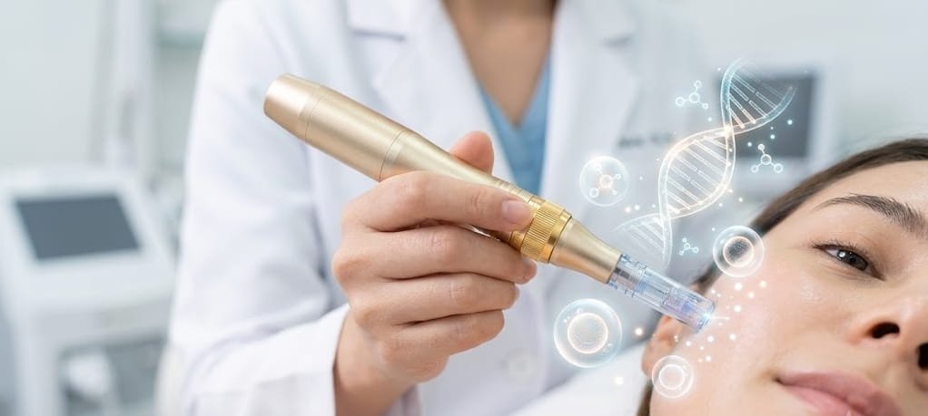 Aplicação facial de microagulhamento com PDRN e exossomos em Valinhos, com ilustração gráfica de DNA destacando a regeneração celular.
